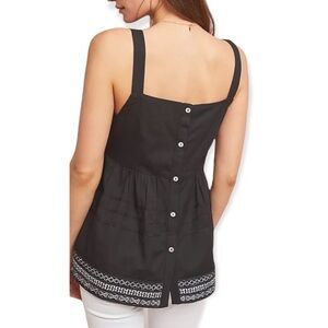 Anthropologie Black Linen Babydoll Embroidered Button Back Tank Top